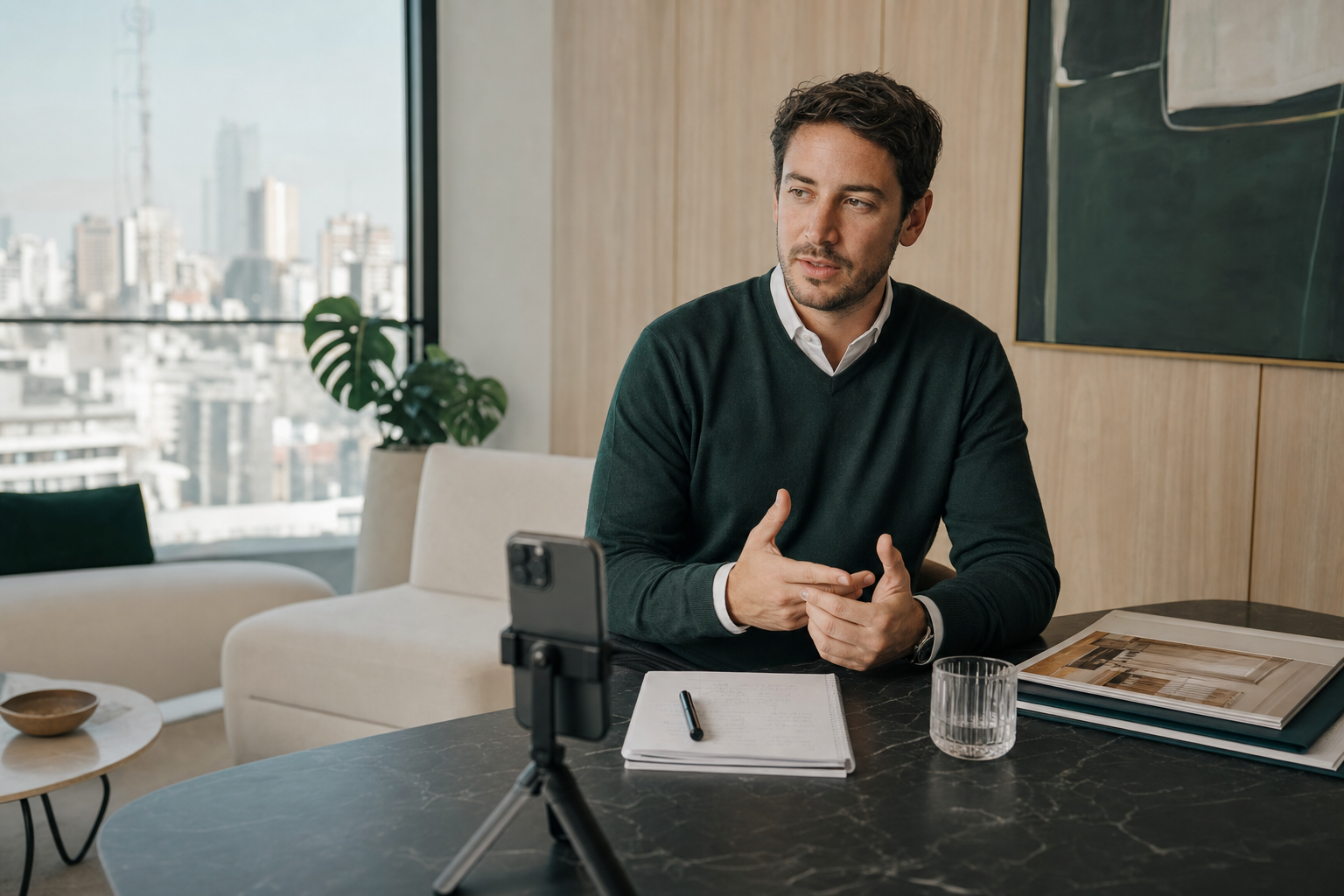 Profesional inmobiliario preparando contenido de marca personal
